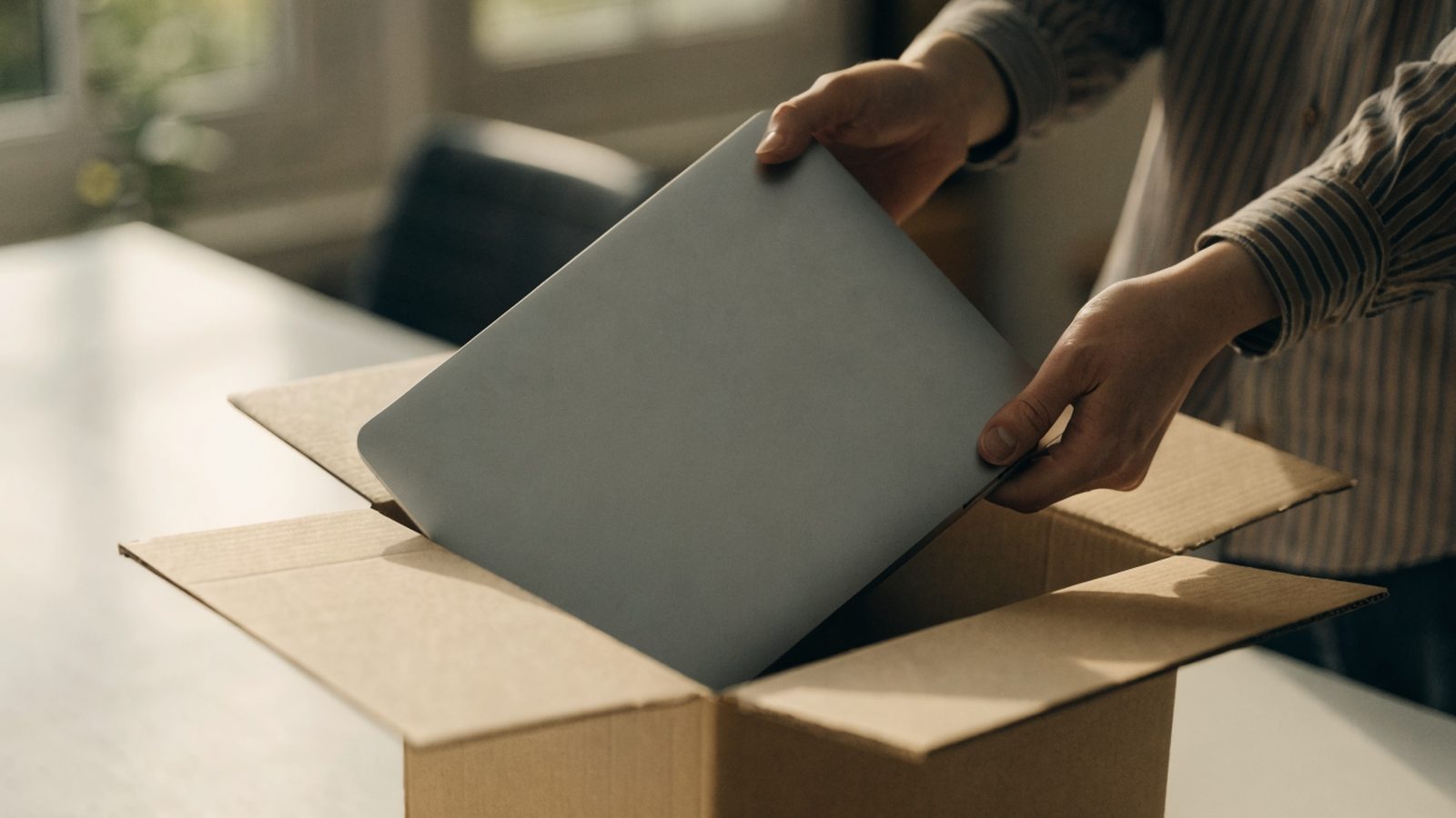 Hands lifting a brand-new matte grey laptop out of its plain cardboard box on a white desk