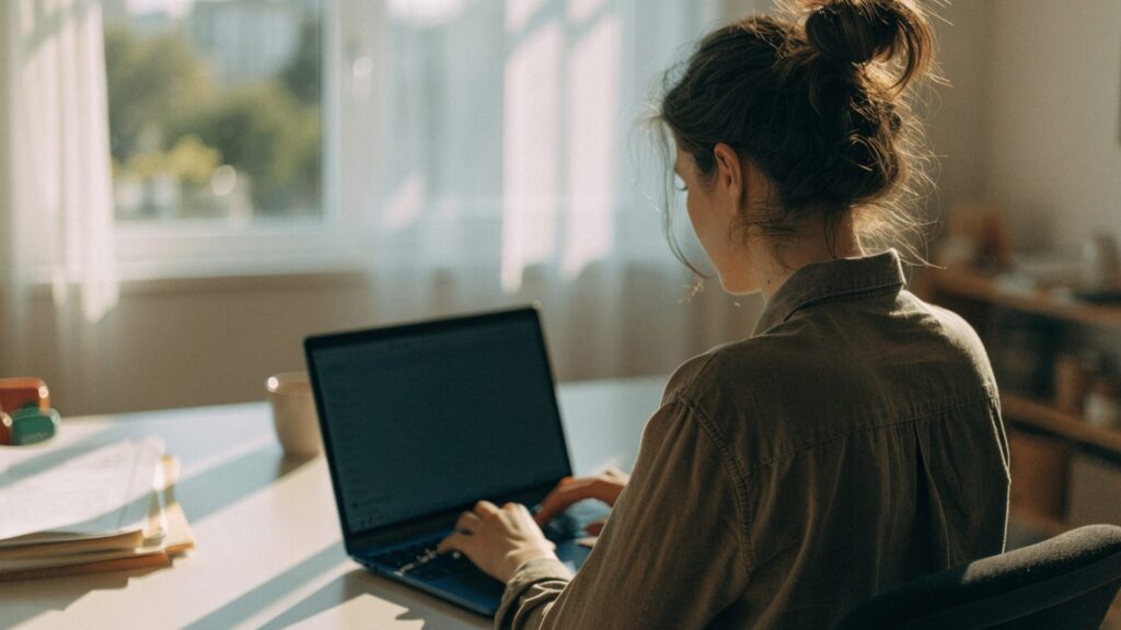 A person seen from behind working on a dark blue laptop in a bright home office
