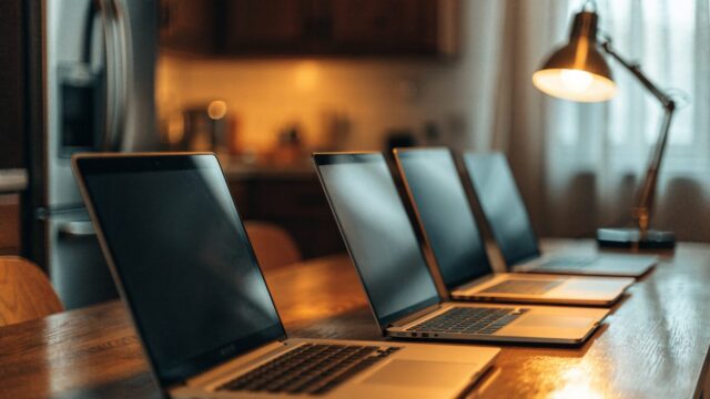 Several modern laptops lined up in a row on a kitchen table
