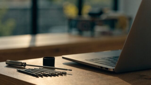 Hands typing on the keyboard of a matte grey laptop on a white desk