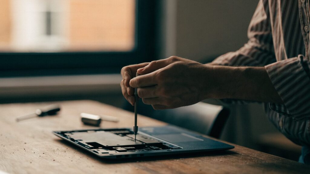 A technician's hands holding a small screwdriver over an opened dark blue laptop with internal components visi
