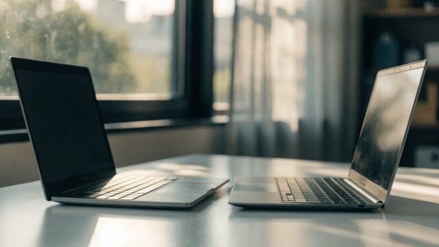 Two laptops side by side on a white desk as if being compared