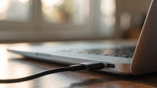 Close-up of a USB-C charger cable plugged into the side port of a silver laptop on a wooden desk