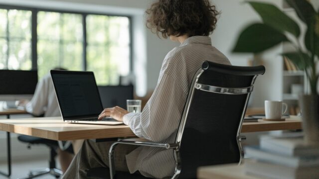 A person seen from behind working on a silver laptop in a bright home office