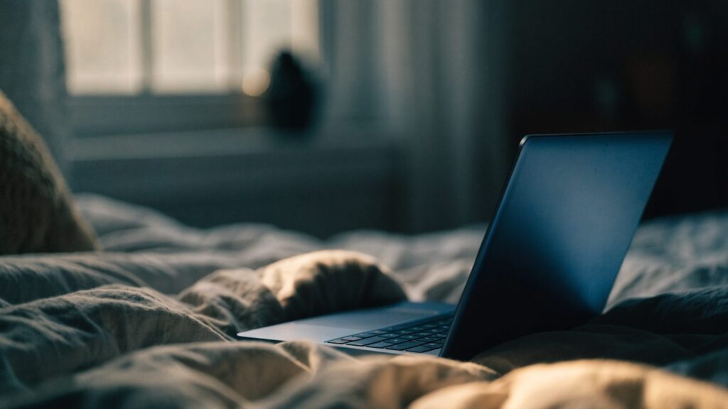 A dark blue laptop glowing softly on a bed in a dark room