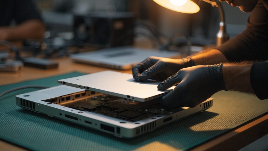 A technician lifting the bottom cover off a silver laptop on an anti-static mat