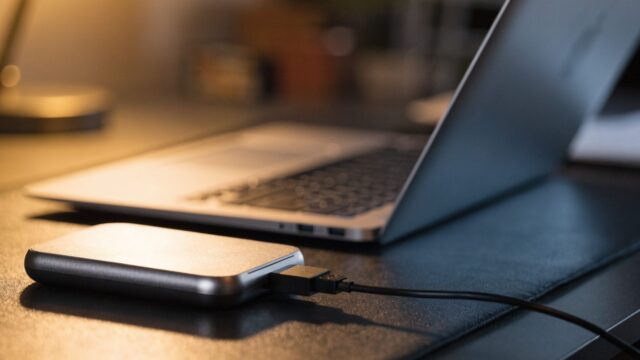 A small external hard drive connected by cable to a silver laptop on a dark desk mat