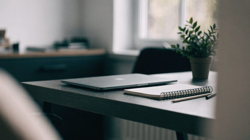 A tidy home office desk with a matte grey laptop
