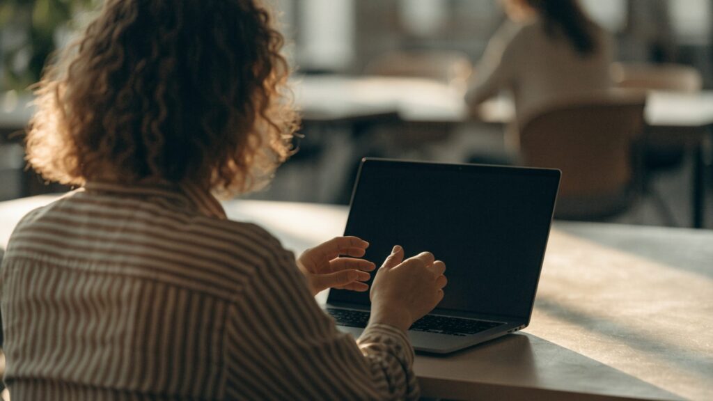 A person seen from behind with hands raised at a graphite black laptop with a dark blank screen on an office d