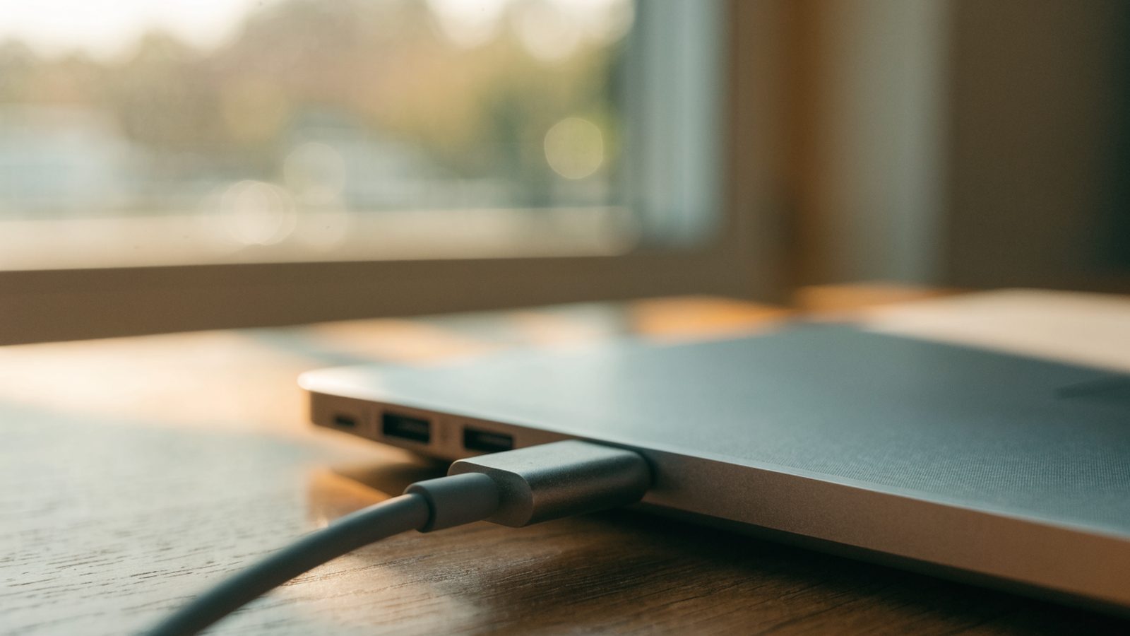 Close-up of a USB-C charger cable plugged into the side port of a silver laptop on a wooden desk