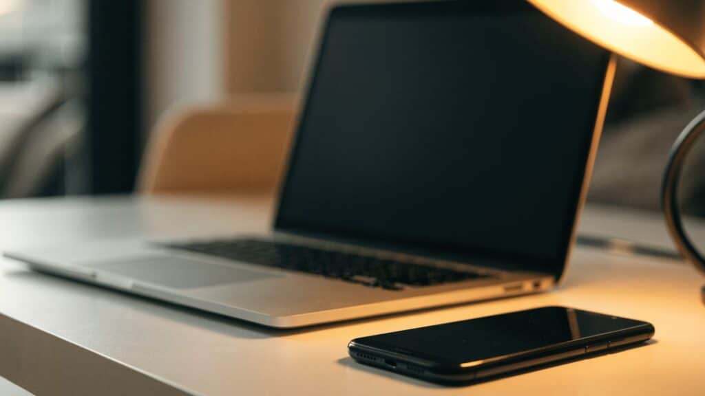 A smartphone lying beside a silver laptop on a white desk