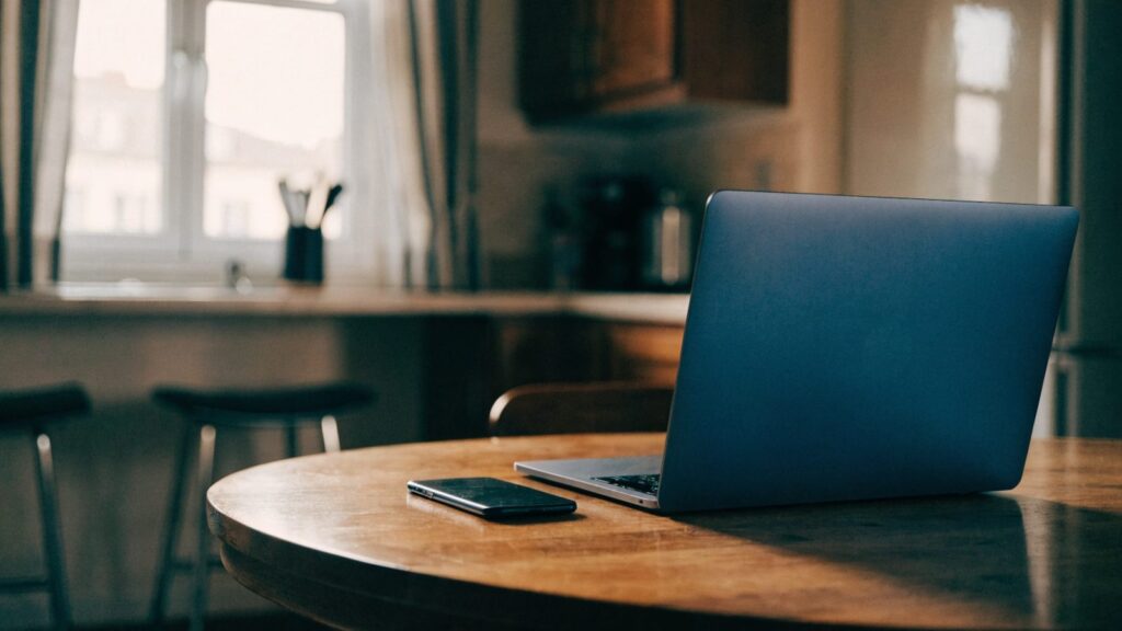 A smartphone lying beside a dark blue laptop on a kitchen table