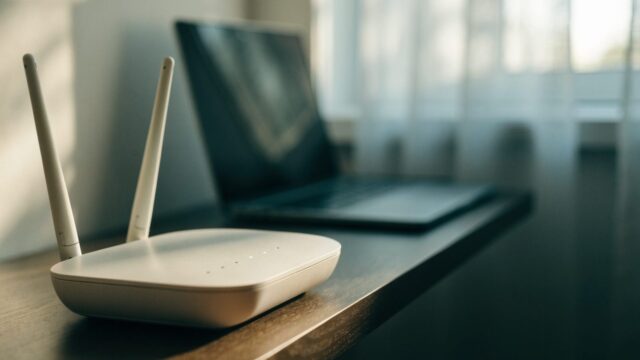 A home wifi router with softly glowing indicator lights on a shelf