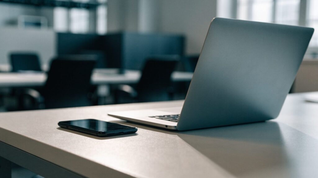 A smartphone lying beside a silver laptop on an office desk