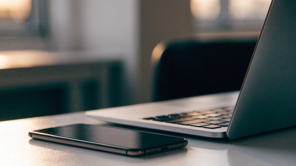 A smartphone lying beside a silver laptop on a white desk