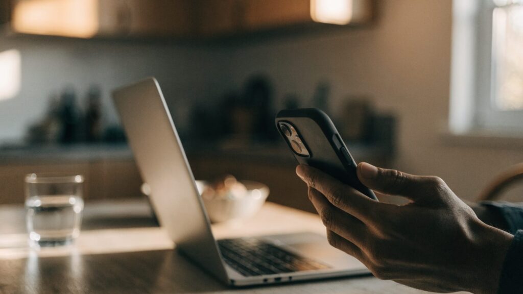 A hand holding a smartphone in front of a silver laptop on a kitchen table
