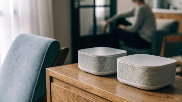 Two mesh wifi units on a sideboard in a cozy living room