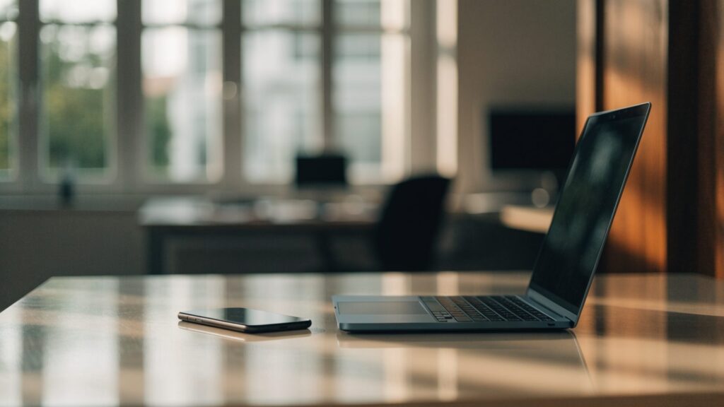 A smartphone lying beside a dark blue laptop on an office desk