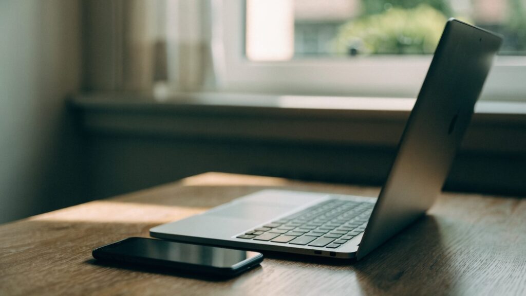 A smartphone lying beside a silver laptop on a wooden desk