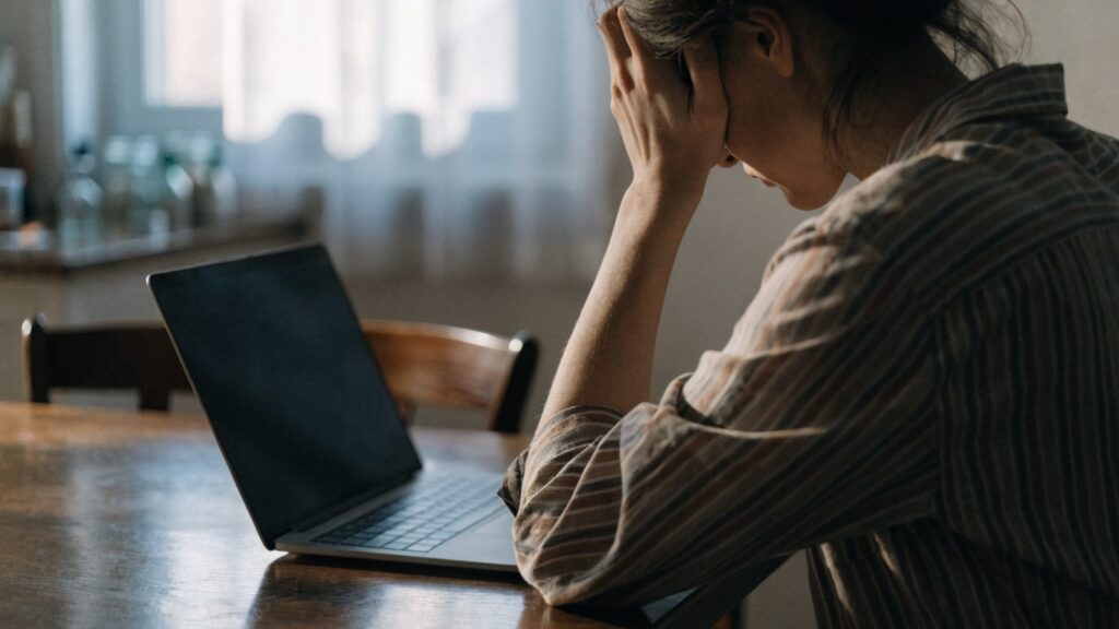 A person resting their forehead on one hand in front of a graphite black laptop on a kitchen table
