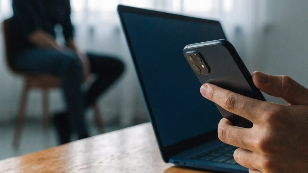 A hand holding a smartphone in front of a dark blue laptop on a wooden desk