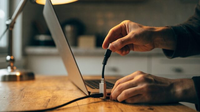 An ethernet cable being plugged into a USB-C adapter connected to a silver laptop on a kitchen table