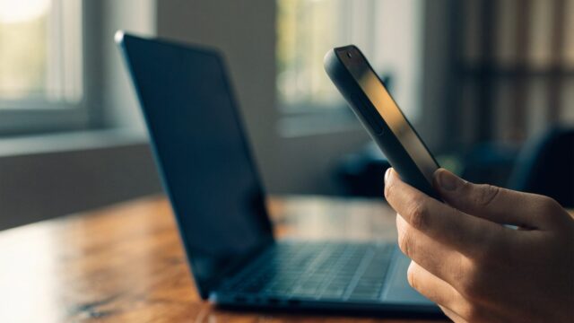 A hand holding a smartphone in front of a dark blue laptop on a wooden desk