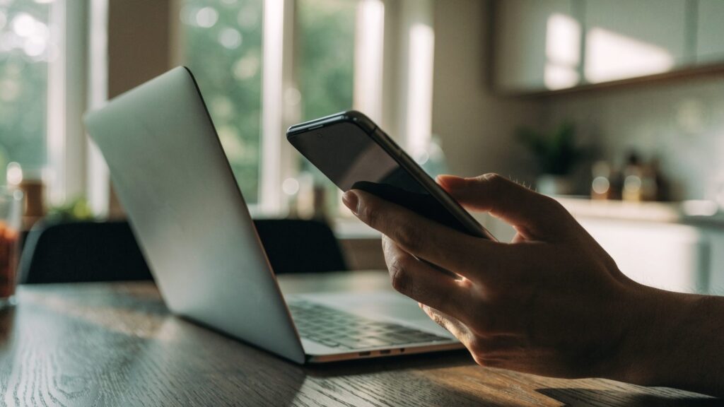 A hand holding a smartphone in front of a silver laptop on a kitchen table