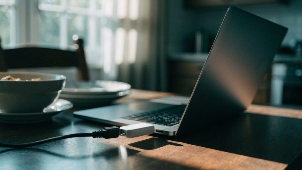 An ethernet cable being plugged into a USB-C adapter connected to a graphite black laptop on a kitchen table