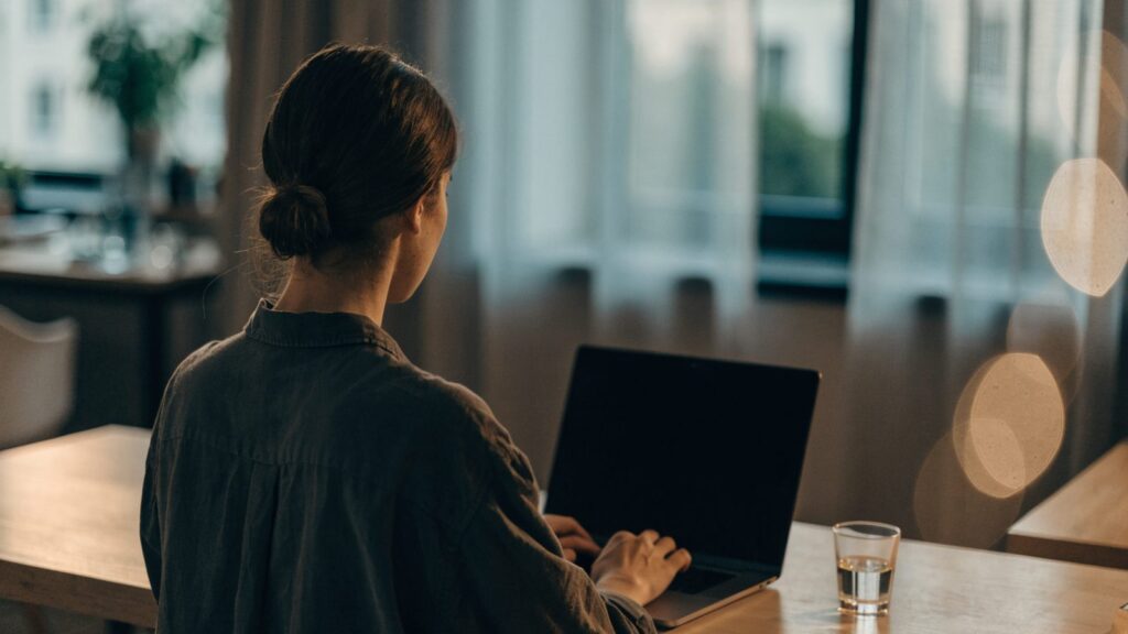 A person seen from behind working on a graphite black laptop in a bright home office