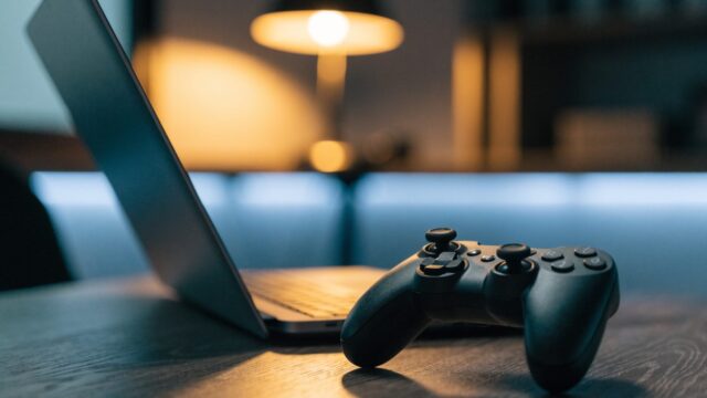 A game controller resting on a desk beside a matte grey laptop in a room with soft LED glow