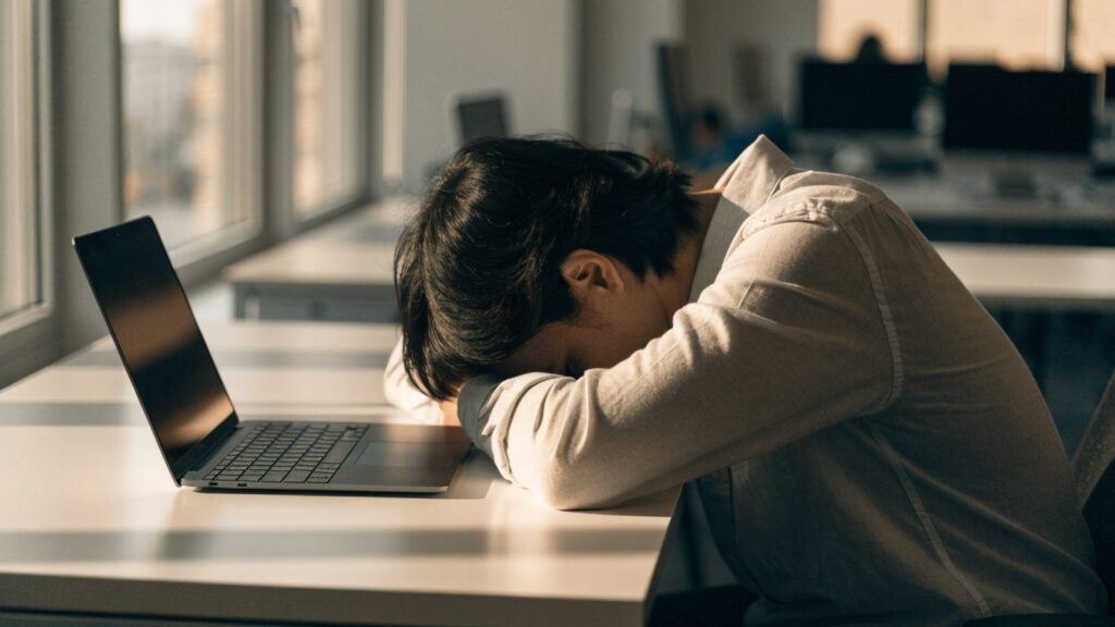 A person resting their forehead on one hand in front of a graphite black laptop on an office desk