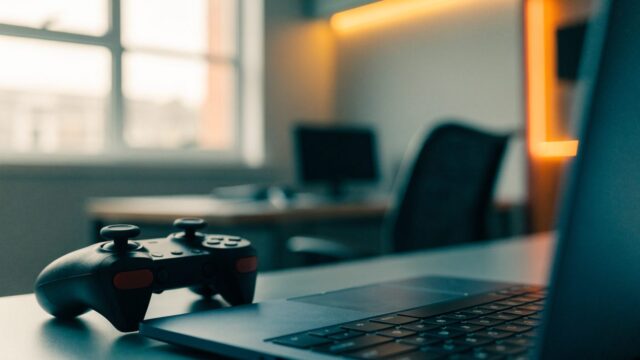 A game controller resting on a desk beside a dark blue laptop in a room with soft LED glow
