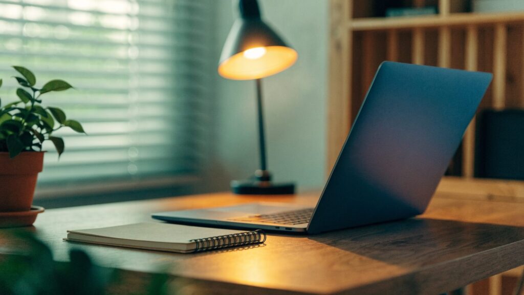 A tidy home office desk with a dark blue laptop