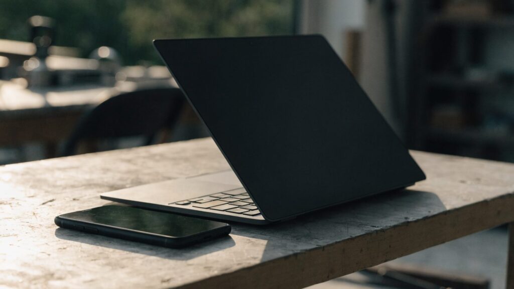 A smartphone lying beside a graphite black laptop on a workbench