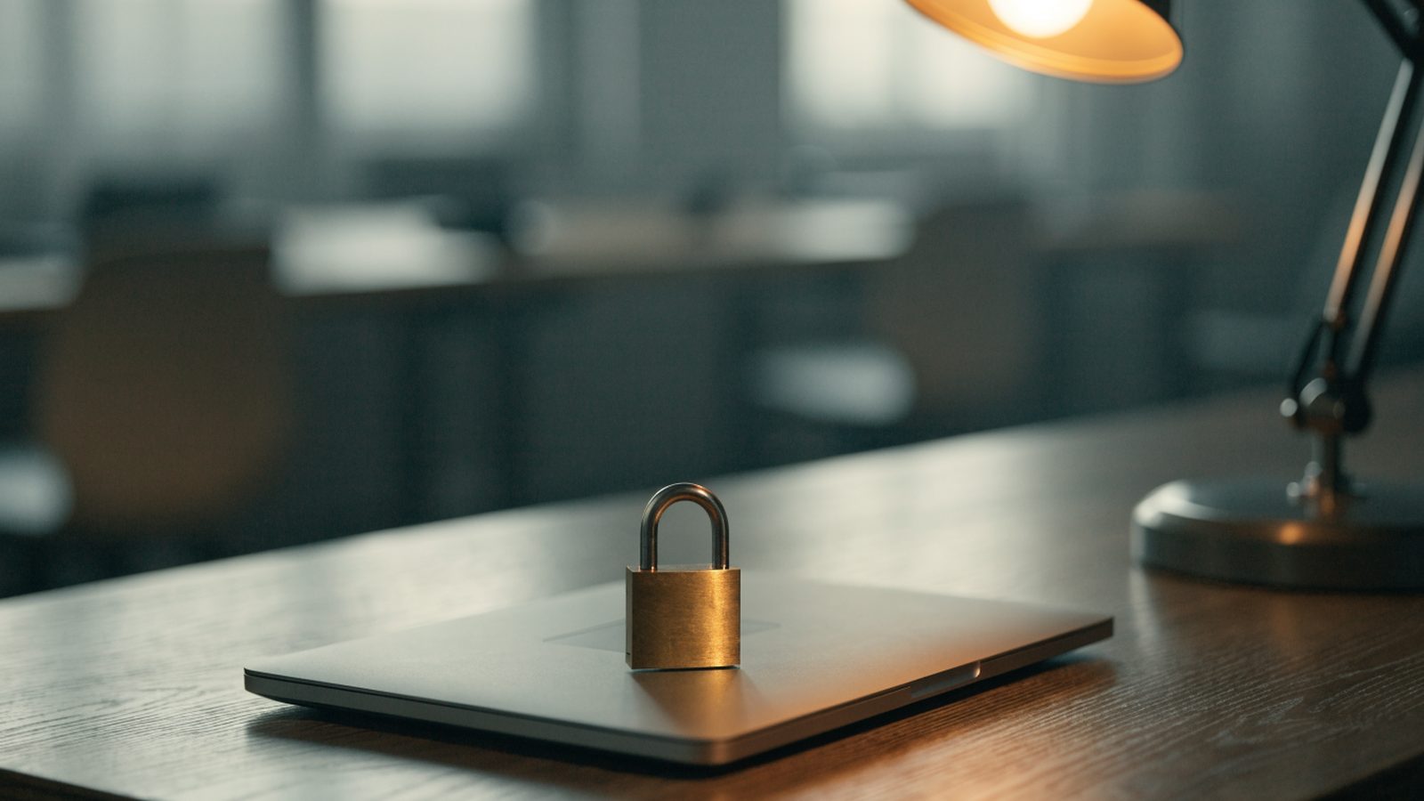 A small brass padlock resting on the closed lid of a matte grey laptop on an office desk