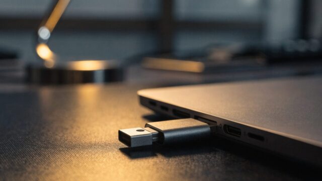 A USB flash drive plugged into the side port of a matte grey laptop on a dark desk mat