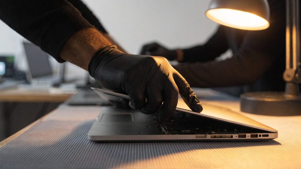A technician lifting the bottom cover off a silver laptop on an anti-static mat