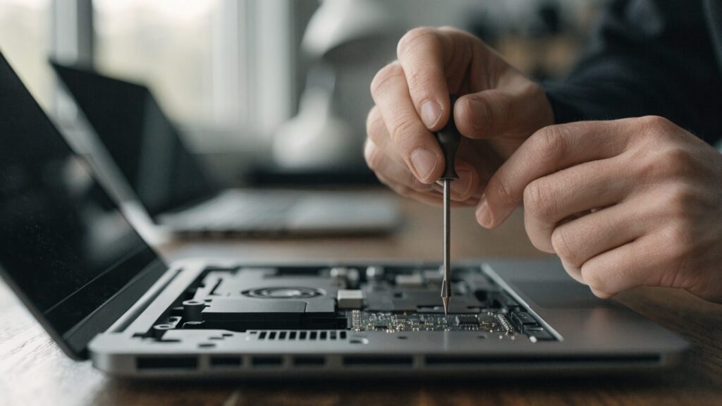 A technician's hands holding a small screwdriver over an opened matte grey laptop with internal components vis