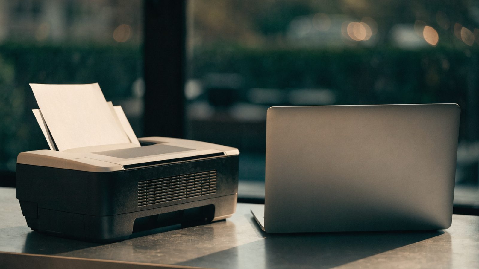 A compact home inkjet printer beside a matte grey laptop on a workbench