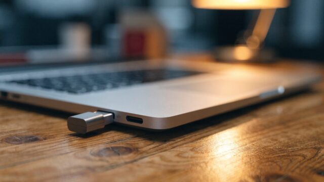 A USB flash drive plugged into the side port of a silver laptop on a wooden desk