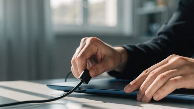Hands unplugging a charging cable from a slim dark blue laptop on a white desk