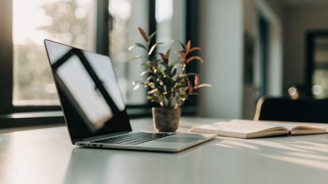 A silver laptop open on an office desk with a small plant and notebook beside it