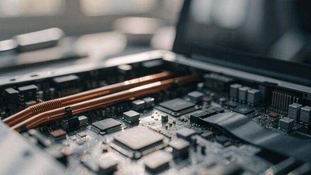 Close-up of a laptop motherboard with copper heat pipes during a repair