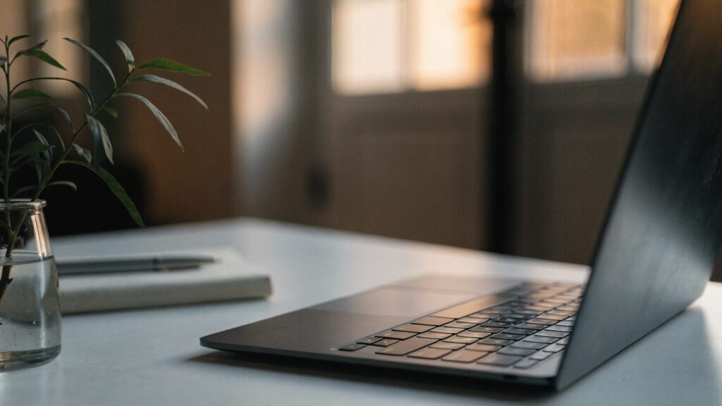 A graphite black laptop open on a white desk with a small plant and notebook beside it