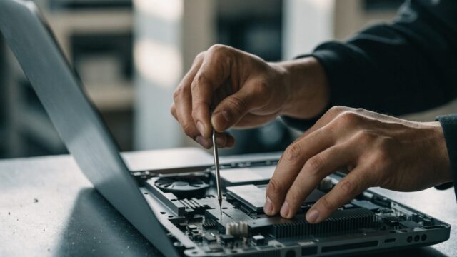 A technician's hands holding a small screwdriver over an opened matte grey laptop with internal components vis