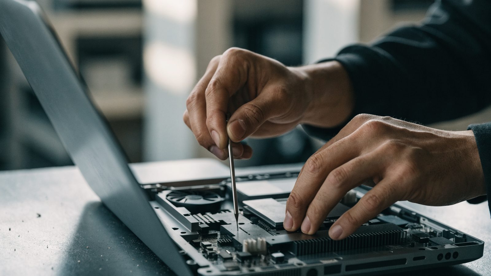 A technician's hands holding a small screwdriver over an opened matte grey laptop with internal components vis