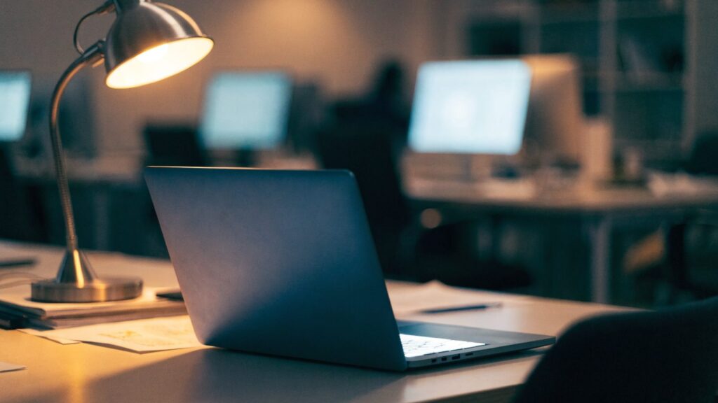 A half-closed dark blue laptop on an office desk