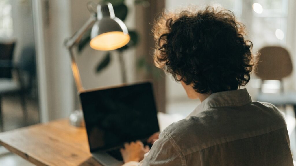 A person seen from behind working on a matte grey laptop in a bright home office