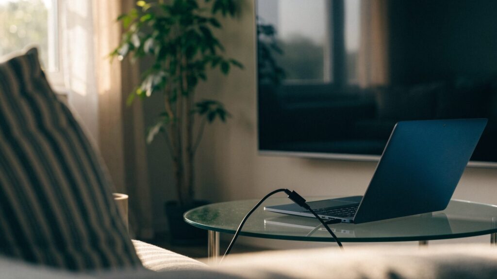 A living-room TV with a dark screen and a dark blue laptop on the coffee table connected by an HDMI cable
